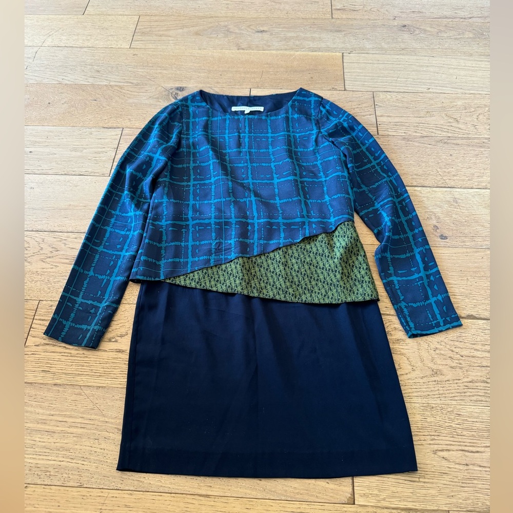 Veronica Beard Silk Mixed‎ Media Layered Dress Teal Navy Blue Size 1 (863)